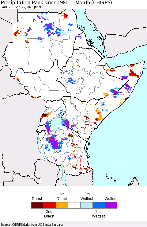 Eastern Africa Precipitation Rank since 1981, 1-Month (CHIRPS) Thematic Map For 8/26/2023 - 9/25/2023