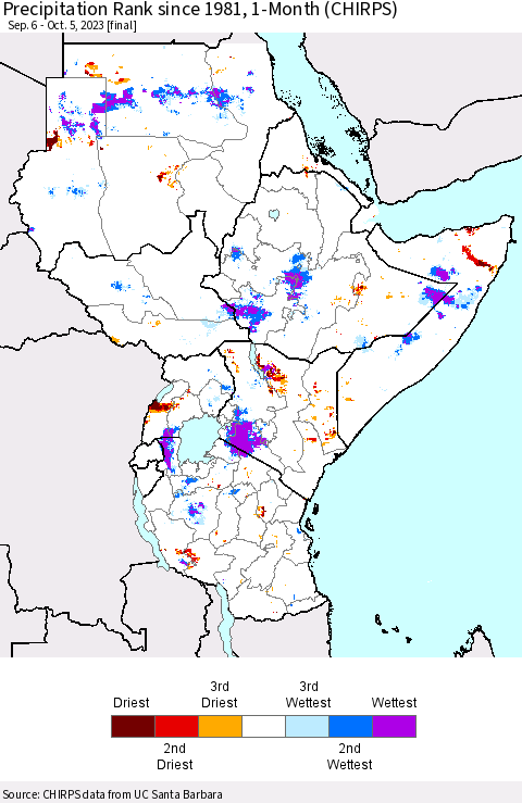 Eastern Africa Precipitation Rank since 1981, 1-Month (CHIRPS) Thematic Map For 9/6/2023 - 10/5/2023