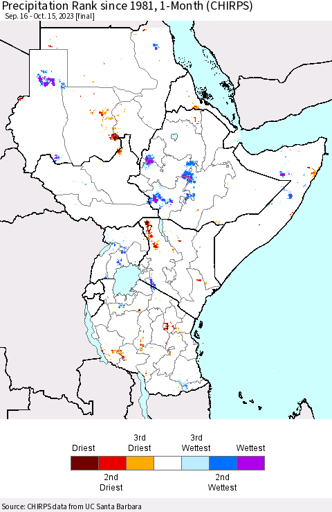 Eastern Africa Precipitation Rank since 1981, 1-Month (CHIRPS) Thematic Map For 9/16/2023 - 10/15/2023