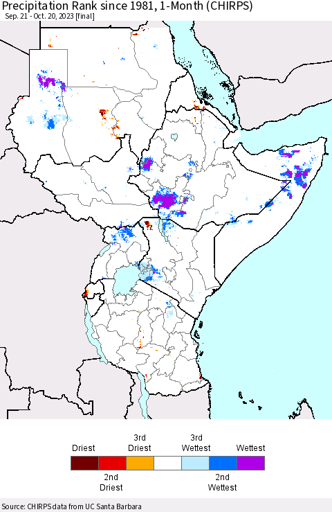 Eastern Africa Precipitation Rank since 1981, 1-Month (CHIRPS) Thematic Map For 9/21/2023 - 10/20/2023