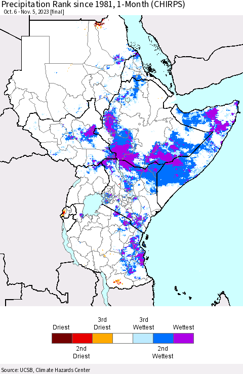 Eastern Africa Precipitation Rank since 1981, 1-Month (CHIRPS) Thematic Map For 10/6/2023 - 11/5/2023