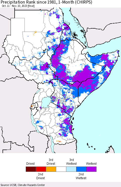 Eastern Africa Precipitation Rank since 1981, 1-Month (CHIRPS) Thematic Map For 10/11/2023 - 11/10/2023