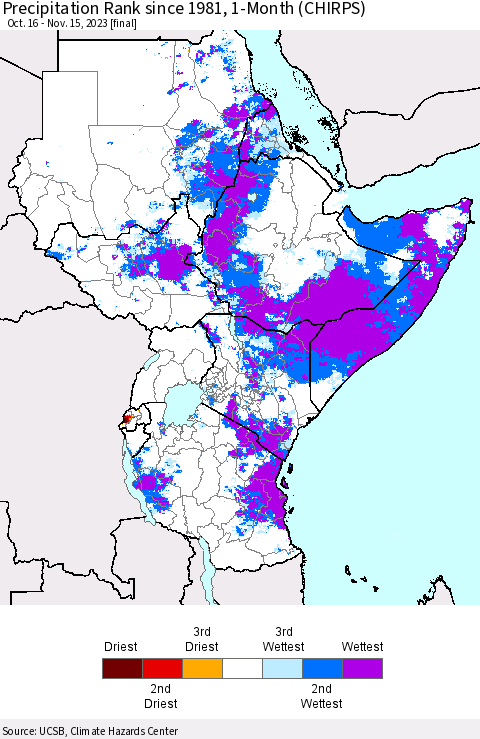Eastern Africa Precipitation Rank since 1981, 1-Month (CHIRPS) Thematic Map For 10/16/2023 - 11/15/2023