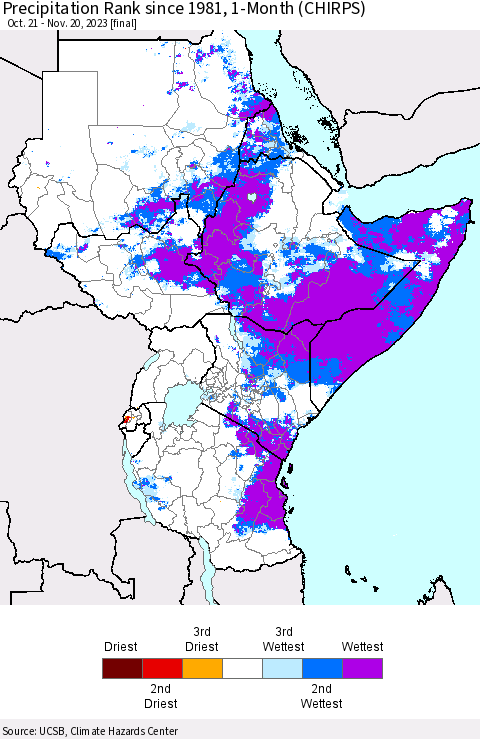 Eastern Africa Precipitation Rank since 1981, 1-Month (CHIRPS) Thematic Map For 10/21/2023 - 11/20/2023