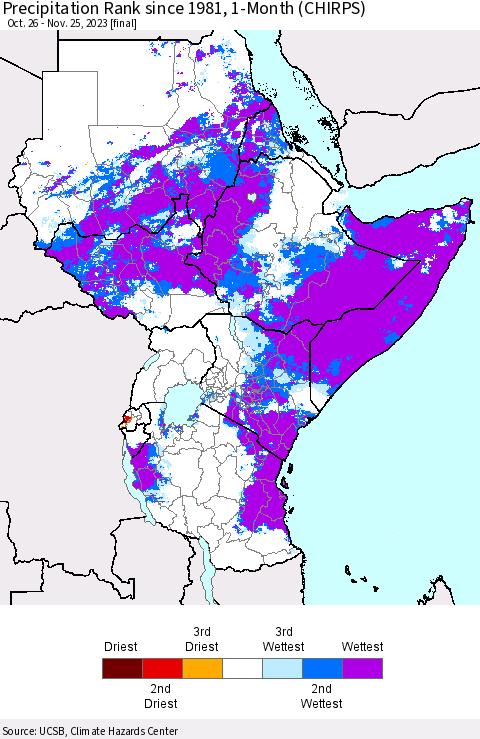 Eastern Africa Precipitation Rank since 1981, 1-Month (CHIRPS) Thematic Map For 10/26/2023 - 11/25/2023