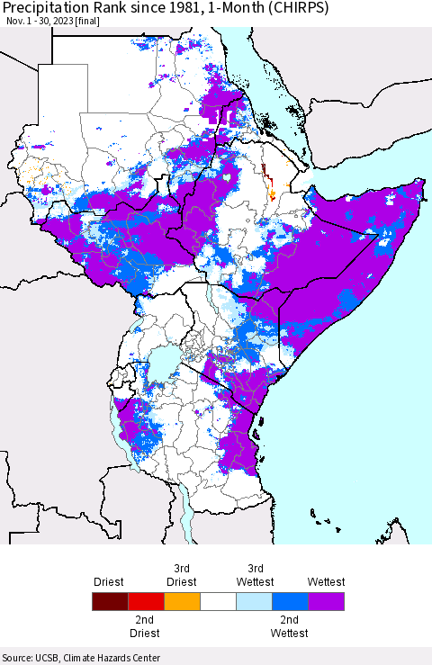 Eastern Africa Precipitation Rank since 1981, 1-Month (CHIRPS) Thematic Map For 11/1/2023 - 11/30/2023