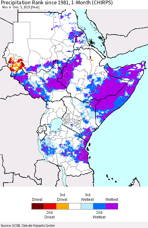 Eastern Africa Precipitation Rank since 1981, 1-Month (CHIRPS) Thematic Map For 11/6/2023 - 12/5/2023
