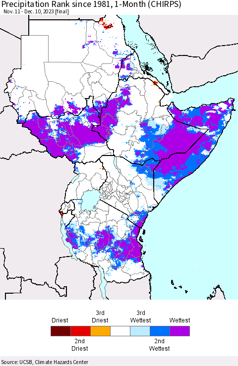 Eastern Africa Precipitation Rank since 1981, 1-Month (CHIRPS) Thematic Map For 11/11/2023 - 12/10/2023