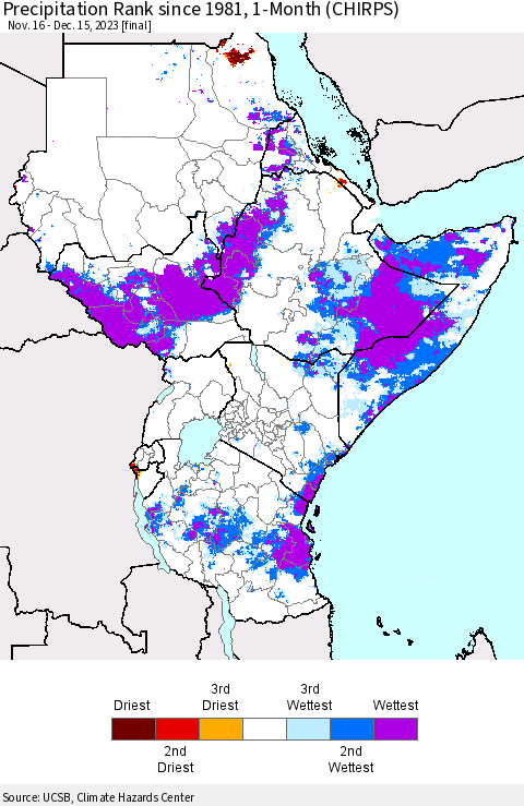 Eastern Africa Precipitation Rank since 1981, 1-Month (CHIRPS) Thematic Map For 11/16/2023 - 12/15/2023