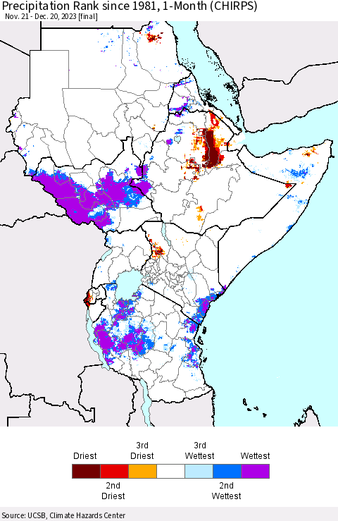 Eastern Africa Precipitation Rank since 1981, 1-Month (CHIRPS) Thematic Map For 11/21/2023 - 12/20/2023
