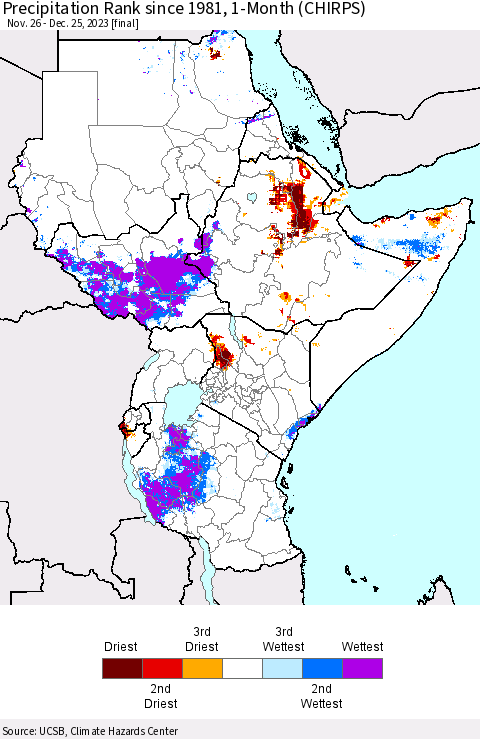 Eastern Africa Precipitation Rank since 1981, 1-Month (CHIRPS) Thematic Map For 11/26/2023 - 12/25/2023