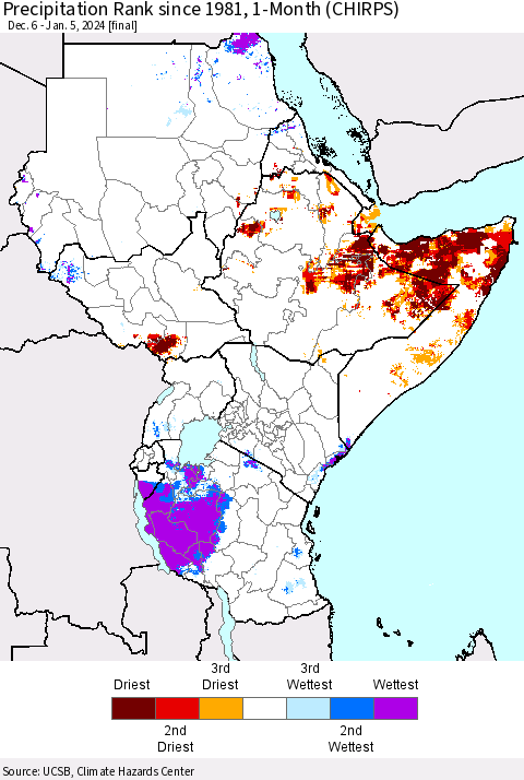 Eastern Africa Precipitation Rank since 1981, 1-Month (CHIRPS) Thematic Map For 12/6/2023 - 1/5/2024