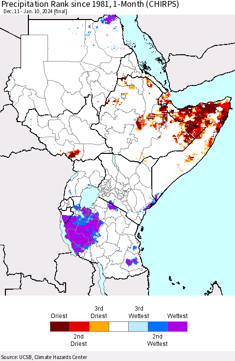 Eastern Africa Precipitation Rank since 1981, 1-Month (CHIRPS) Thematic Map For 12/11/2023 - 1/10/2024