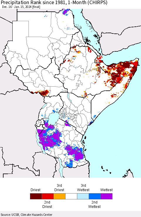 Eastern Africa Precipitation Rank since 1981, 1-Month (CHIRPS) Thematic Map For 12/16/2023 - 1/15/2024