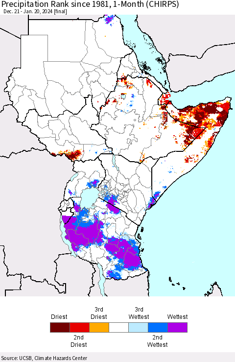 Eastern Africa Precipitation Rank since 1981, 1-Month (CHIRPS) Thematic Map For 12/21/2023 - 1/20/2024
