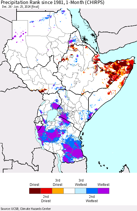 Eastern Africa Precipitation Rank since 1981, 1-Month (CHIRPS) Thematic Map For 12/26/2023 - 1/25/2024