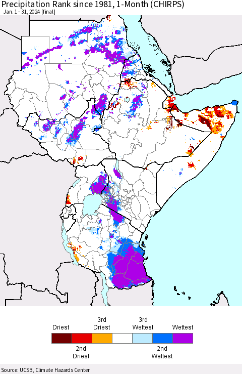 Eastern Africa Precipitation Rank since 1981, 1-Month (CHIRPS) Thematic Map For 1/1/2024 - 1/31/2024