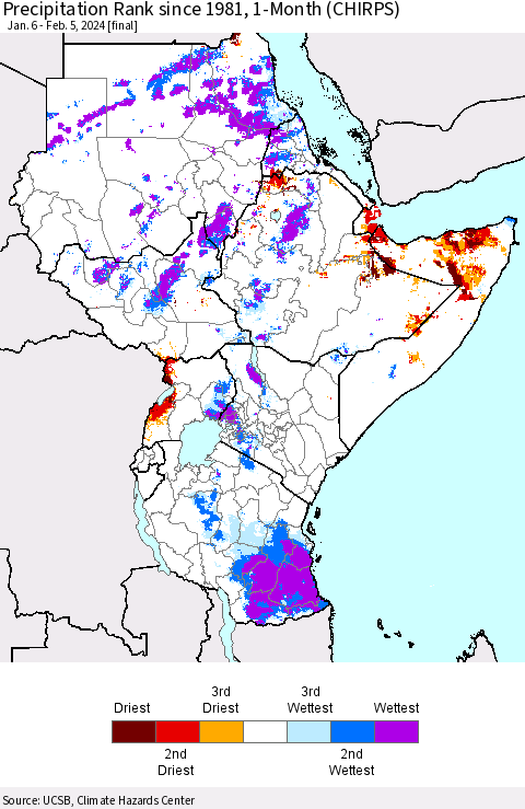 Eastern Africa Precipitation Rank since 1981, 1-Month (CHIRPS) Thematic Map For 1/6/2024 - 2/5/2024