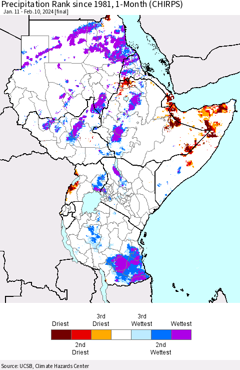 Eastern Africa Precipitation Rank since 1981, 1-Month (CHIRPS) Thematic Map For 1/11/2024 - 2/10/2024
