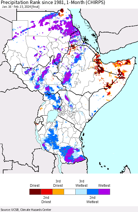 Eastern Africa Precipitation Rank since 1981, 1-Month (CHIRPS) Thematic Map For 1/16/2024 - 2/15/2024
