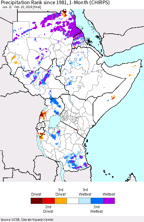 Eastern Africa Precipitation Rank since 1981, 1-Month (CHIRPS) Thematic Map For 1/21/2024 - 2/20/2024