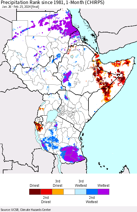 Eastern Africa Precipitation Rank since 1981, 1-Month (CHIRPS) Thematic Map For 1/26/2024 - 2/25/2024