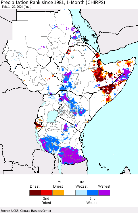 Eastern Africa Precipitation Rank since 1981, 1-Month (CHIRPS) Thematic Map For 2/1/2024 - 2/29/2024