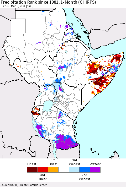 Eastern Africa Precipitation Rank since 1981, 1-Month (CHIRPS) Thematic Map For 2/6/2024 - 3/5/2024