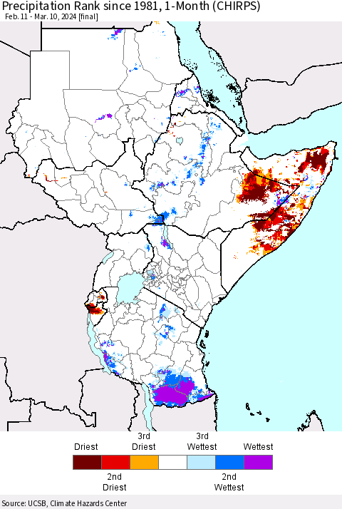 Eastern Africa Precipitation Rank since 1981, 1-Month (CHIRPS) Thematic Map For 2/11/2024 - 3/10/2024