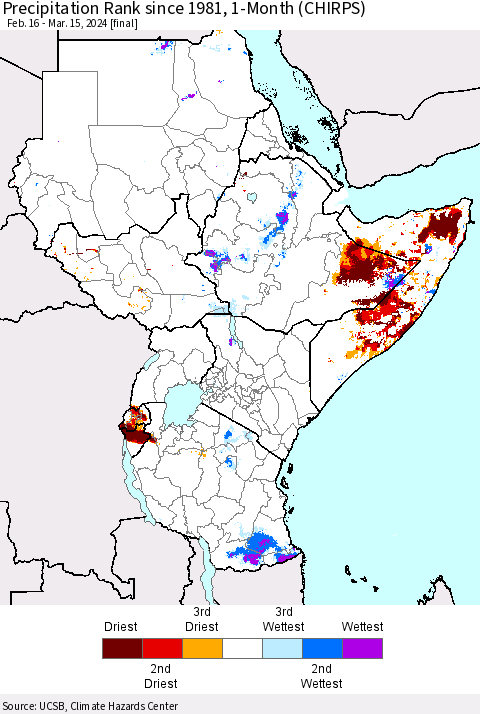 Eastern Africa Precipitation Rank since 1981, 1-Month (CHIRPS) Thematic Map For 2/16/2024 - 3/15/2024