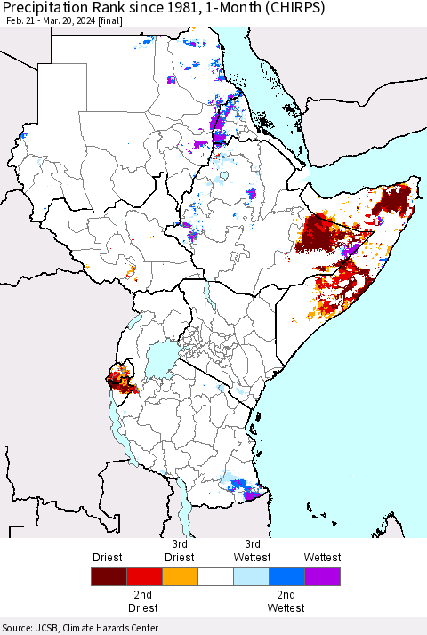 Eastern Africa Precipitation Rank since 1981, 1-Month (CHIRPS) Thematic Map For 2/21/2024 - 3/20/2024