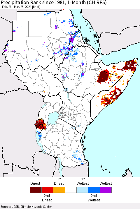 Eastern Africa Precipitation Rank since 1981, 1-Month (CHIRPS) Thematic Map For 2/26/2024 - 3/25/2024
