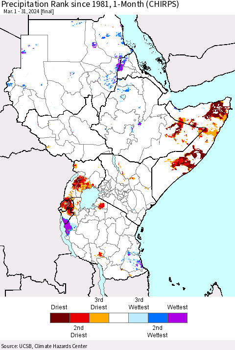 Eastern Africa Precipitation Rank since 1981, 1-Month (CHIRPS) Thematic Map For 3/1/2024 - 3/31/2024