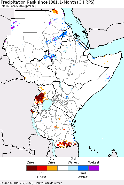 Eastern Africa Precipitation Rank since 1981, 1-Month (CHIRPS) Thematic Map For 3/6/2024 - 4/5/2024