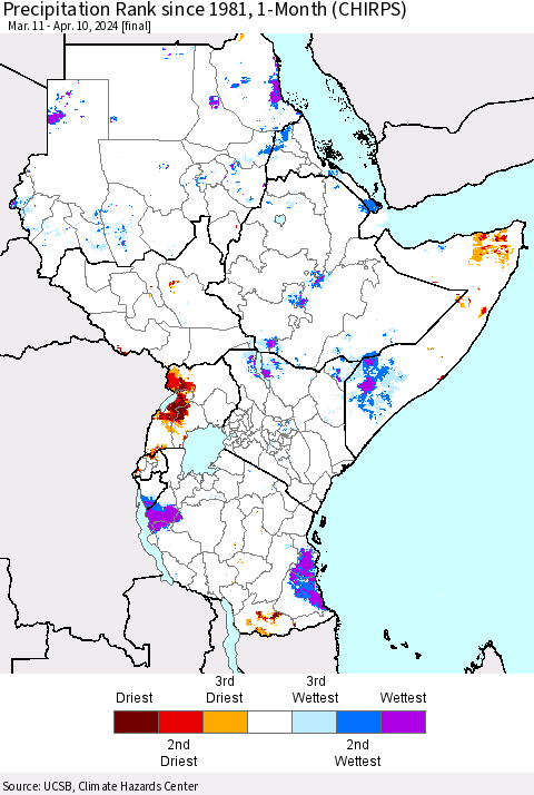 Eastern Africa Precipitation Rank since 1981, 1-Month (CHIRPS) Thematic Map For 3/11/2024 - 4/10/2024