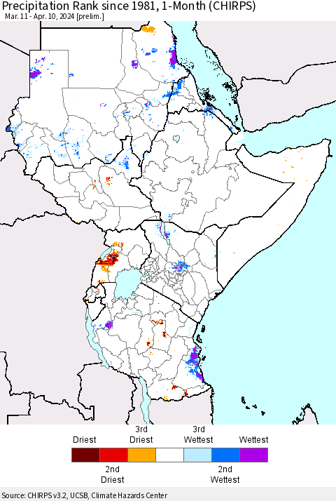 Eastern Africa Precipitation Rank since 1981, 1-Month (CHIRPS) Thematic Map For 3/11/2024 - 4/10/2024