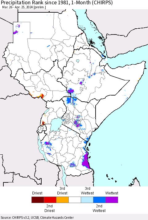 Eastern Africa Precipitation Rank since 1981, 1-Month (CHIRPS) Thematic Map For 3/26/2024 - 4/25/2024