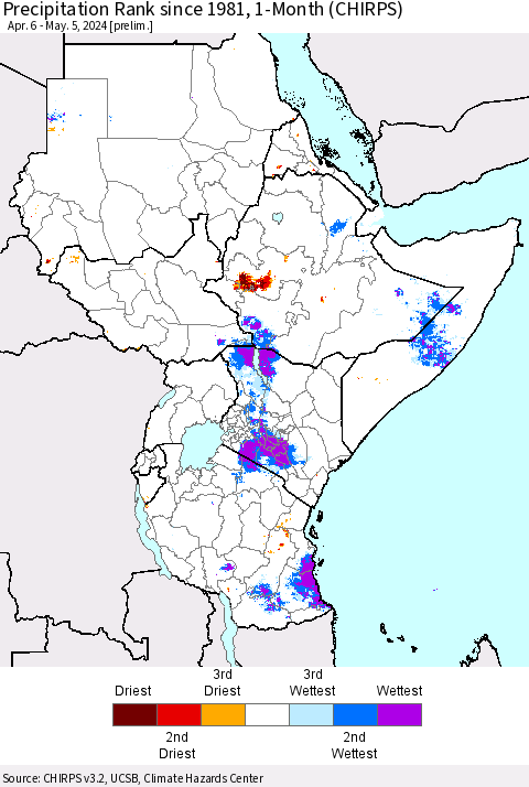 Eastern Africa Precipitation Rank since 1981, 1-Month (CHIRPS) Thematic Map For 4/6/2024 - 5/5/2024