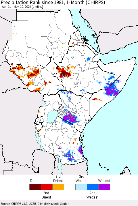 Eastern Africa Precipitation Rank since 1981, 1-Month (CHIRPS) Thematic Map For 4/11/2024 - 5/10/2024