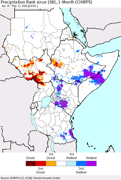 Eastern Africa Precipitation Rank since 1981, 1-Month (CHIRPS) Thematic Map For 4/16/2024 - 5/15/2024