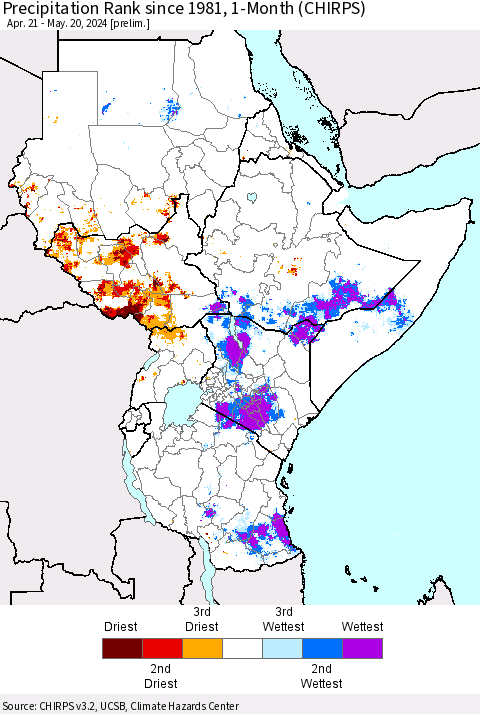 Eastern Africa Precipitation Rank since 1981, 1-Month (CHIRPS) Thematic Map For 4/21/2024 - 5/20/2024