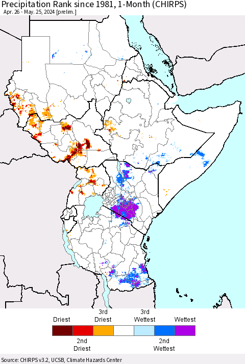 Eastern Africa Precipitation Rank since 1981, 1-Month (CHIRPS) Thematic Map For 4/26/2024 - 5/25/2024
