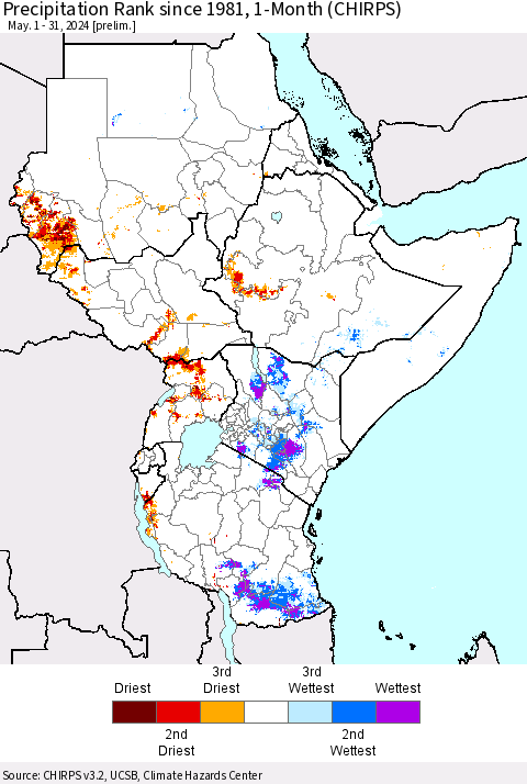 Eastern Africa Precipitation Rank since 1981, 1-Month (CHIRPS) Thematic Map For 5/1/2024 - 5/31/2024