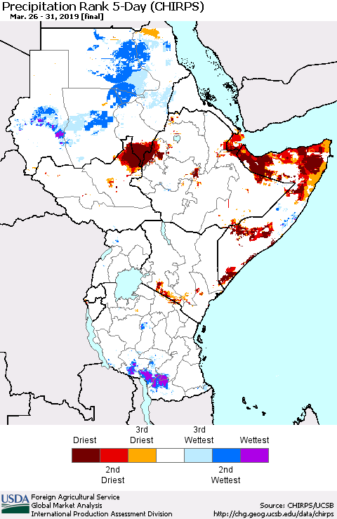 Eastern Africa Precipitation Rank since 1981, 5-Day (CHIRPS) Thematic Map For 3/26/2019 - 3/31/2019