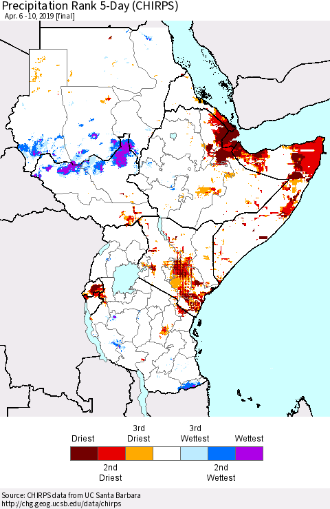 Eastern Africa Precipitation Rank since 1981, 5-Day (CHIRPS) Thematic Map For 4/6/2019 - 4/10/2019