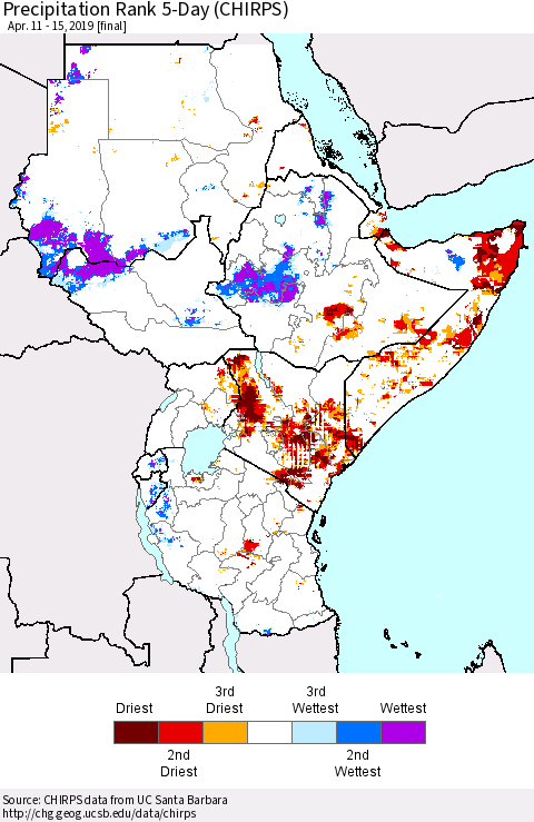 Eastern Africa Precipitation Rank since 1981, 5-Day (CHIRPS) Thematic Map For 4/11/2019 - 4/15/2019