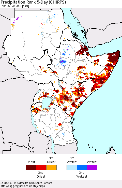 Eastern Africa Precipitation Rank since 1981, 5-Day (CHIRPS) Thematic Map For 4/16/2019 - 4/20/2019