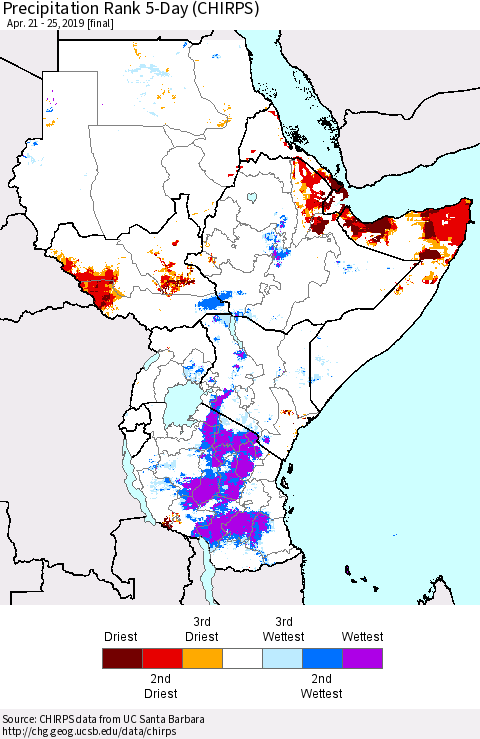 Eastern Africa Precipitation Rank since 1981, 5-Day (CHIRPS) Thematic Map For 4/21/2019 - 4/25/2019