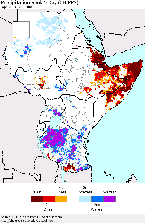 Eastern Africa Precipitation Rank since 1981, 5-Day (CHIRPS) Thematic Map For 4/26/2019 - 4/30/2019