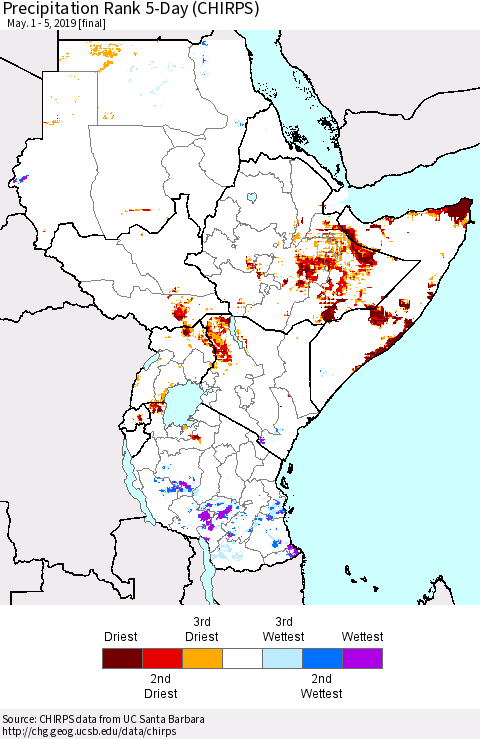 Eastern Africa Precipitation Rank since 1981, 5-Day (CHIRPS) Thematic Map For 5/1/2019 - 5/5/2019